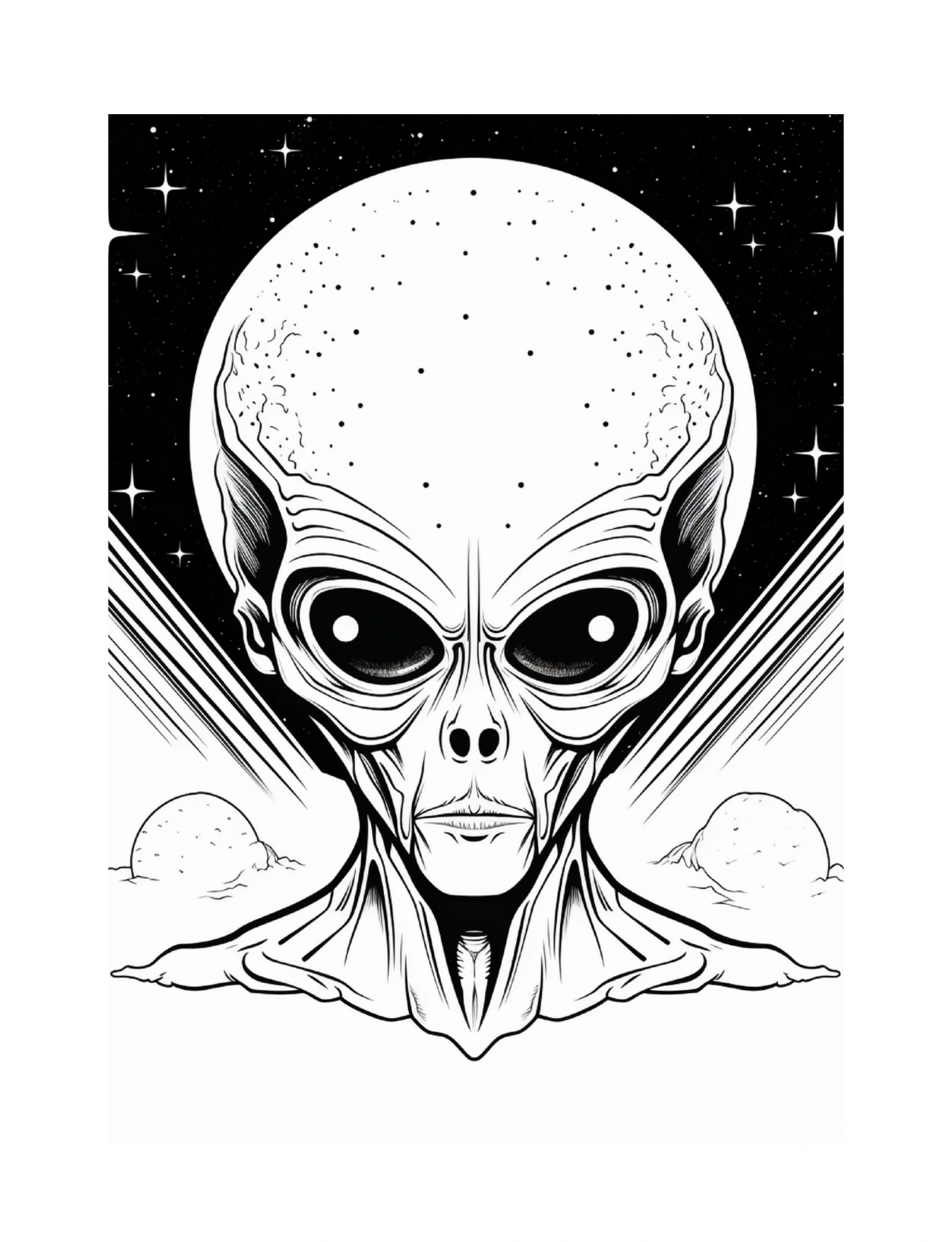 Alienkopf mit großen Augen vor Sternenhimmel · PDF-Seite 3