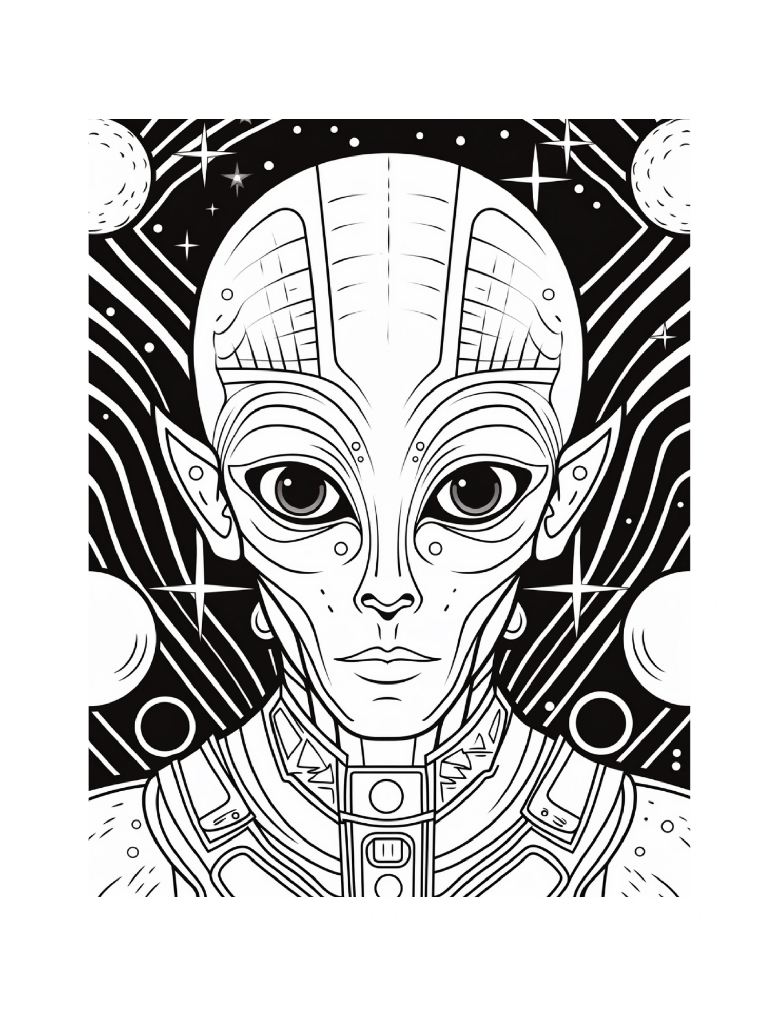 Alienporträt mit gemustertem Kopf vor schwarzem Sternenhimmel · PDF-Seite 83