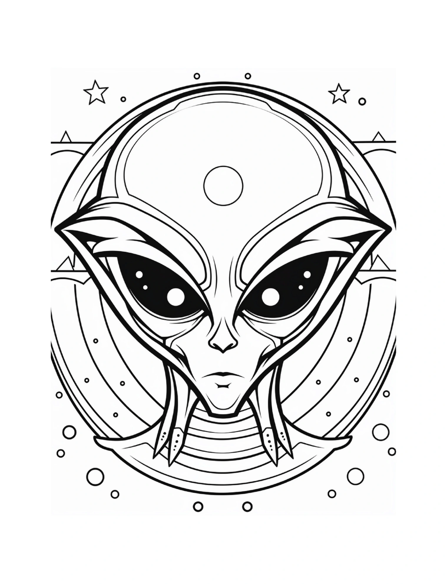 Alienkopf in einem Kreis mit Sternen und geometrischen Linien · PDF-Seite 131