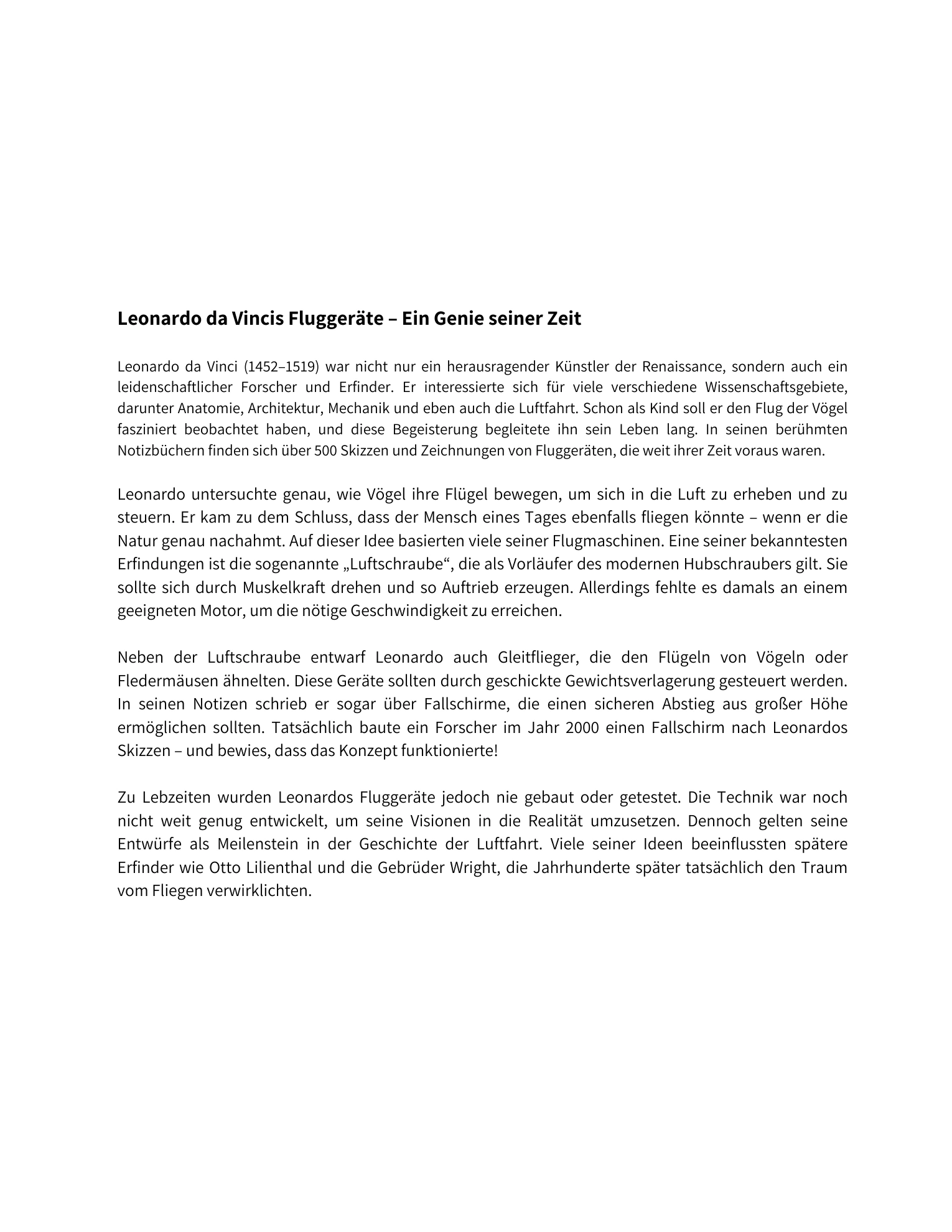 Leonardo da Vincis Fluggeräte · Geschichte · Buchseite 3