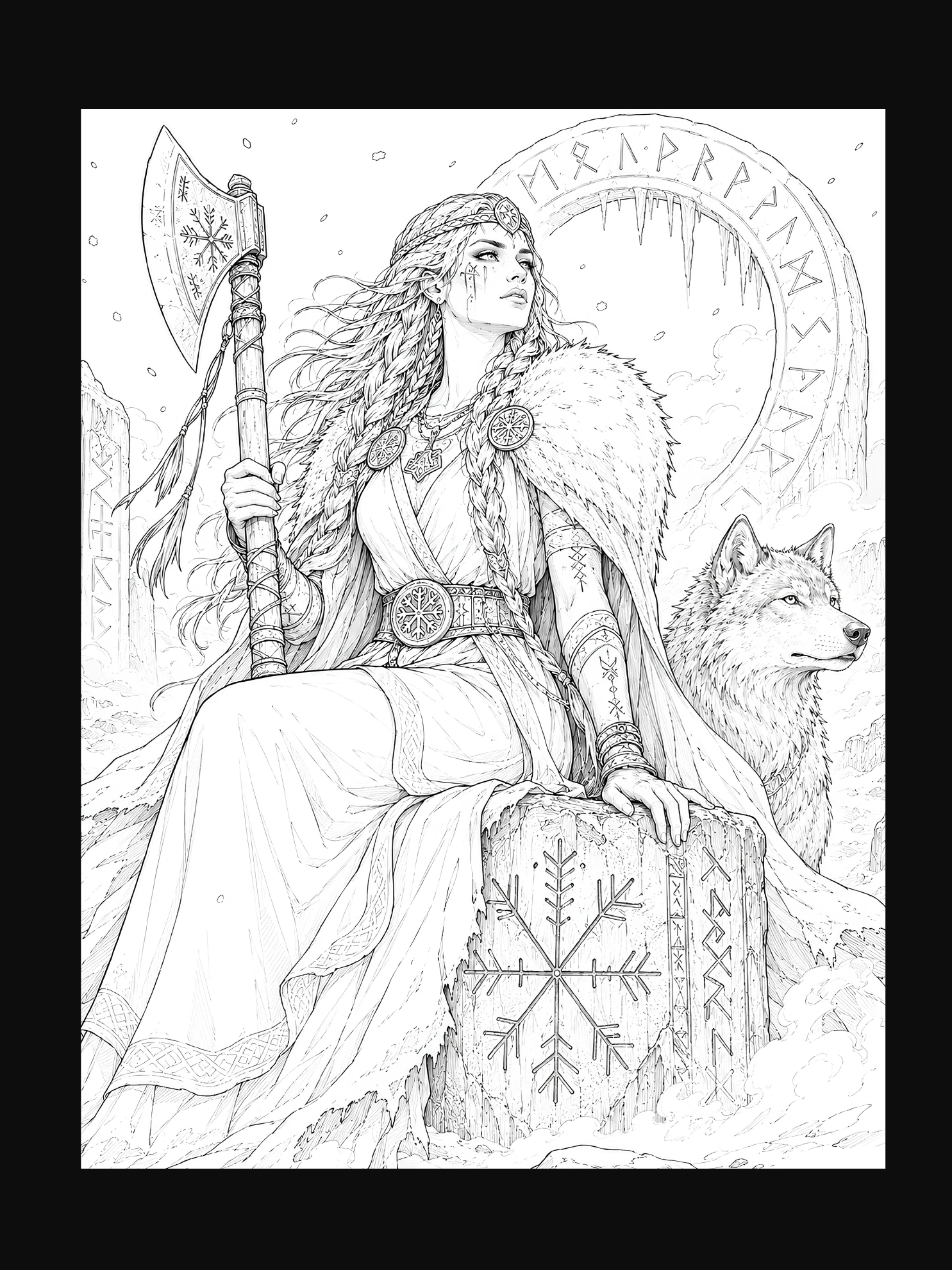 Nordische Kriegerin mit Wolf · Ausmalmotiv · Buchseite 43