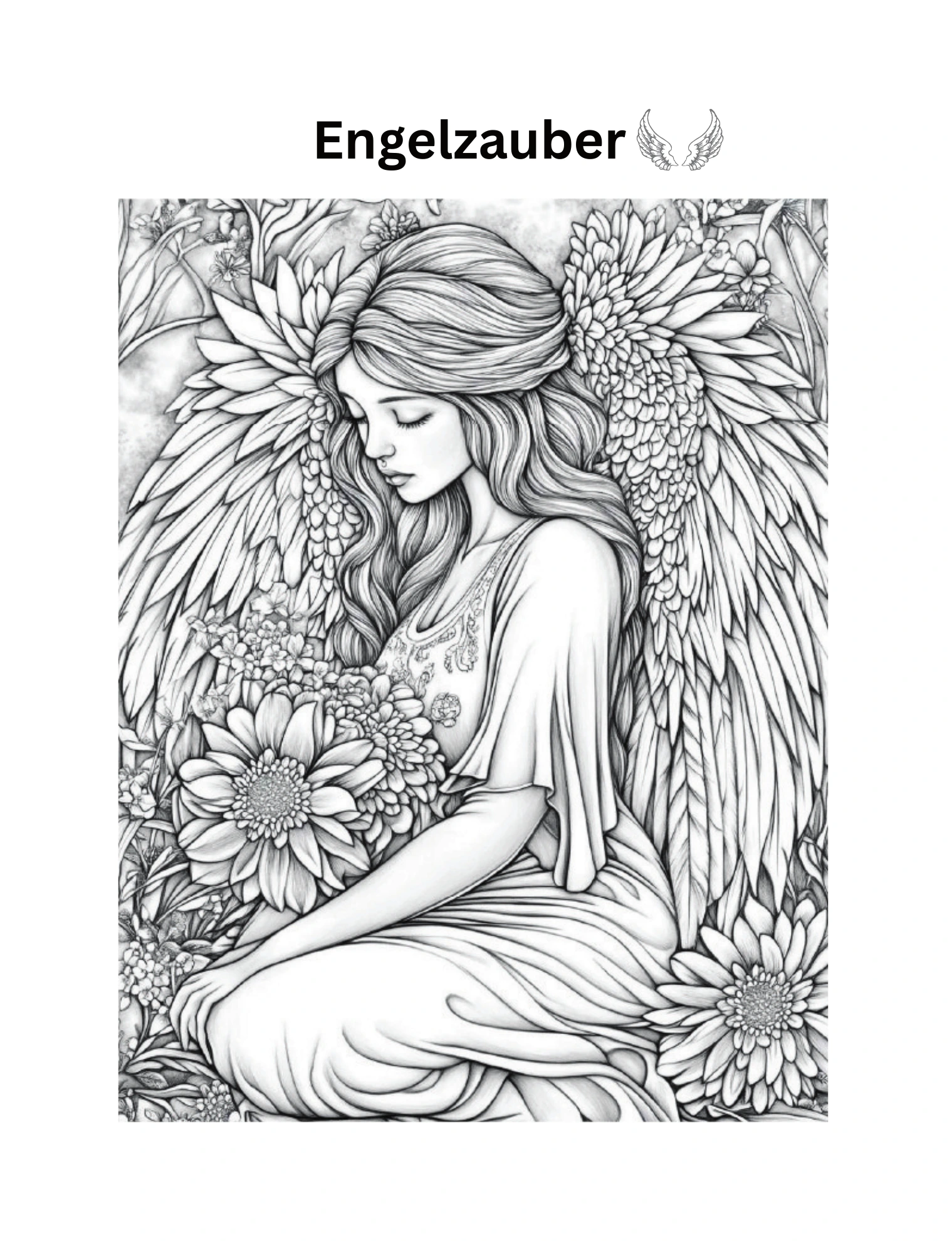 Engel mit Blumen und fein gezeichneten Federn · PDF-Seite 63