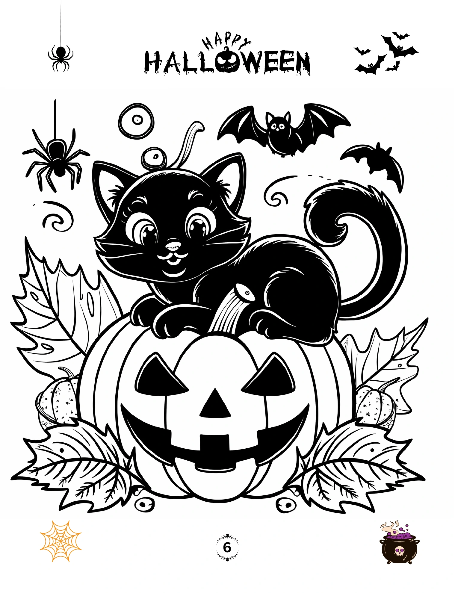Schwarze Katze auf einem Kürbis mit Fledermäusen · PDF-Seite 13