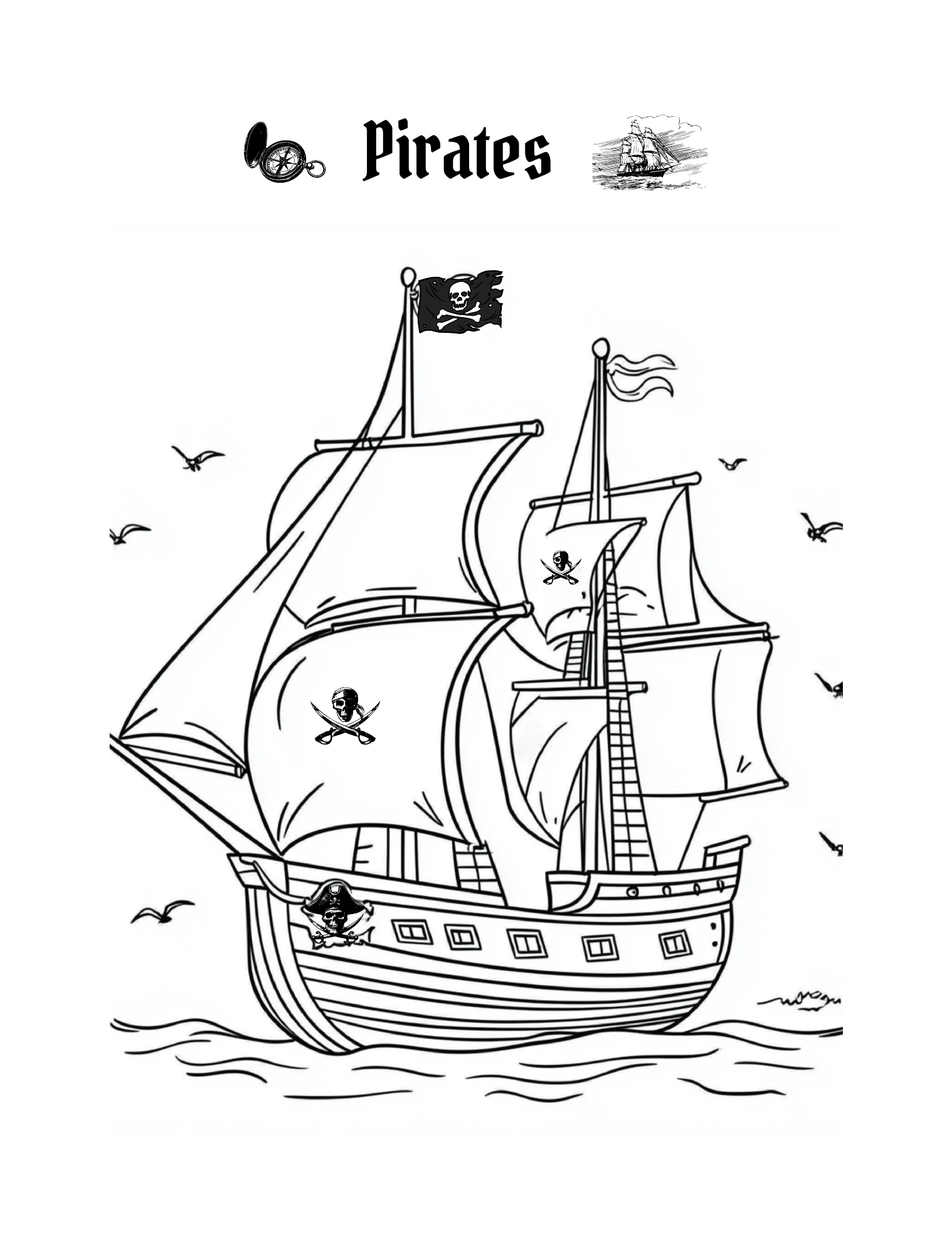 Piratenschiff mit Totenkopfflagge und großen Segeln · PDF-Seite 7