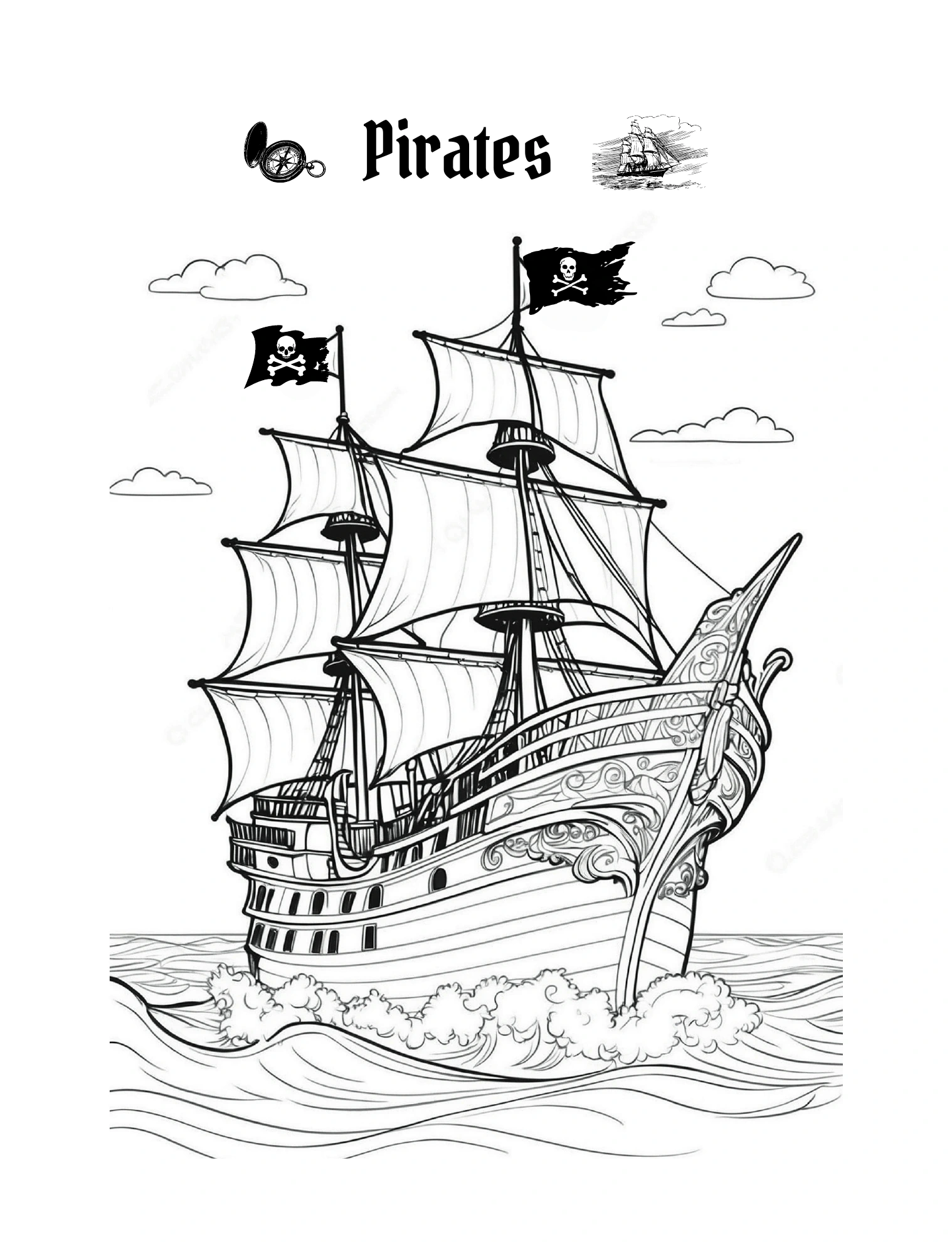 Mehrmastiges Piratenschiff auf bewegter See · PDF-Seite 23