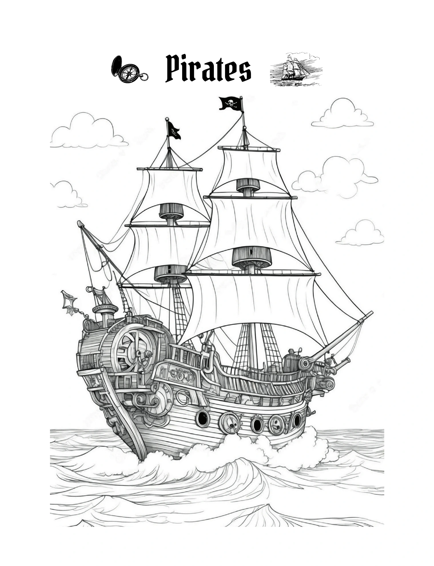 Verziertes Segelschiff mit Piratenflagge und Wellen · PDF-Seite 83