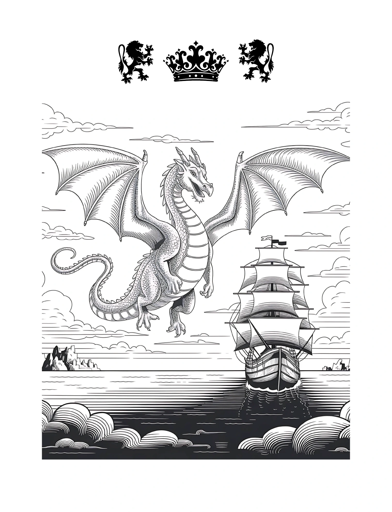 Fliegender Drache über dem Meer neben einem Segelschiff · PDF-Seite 101