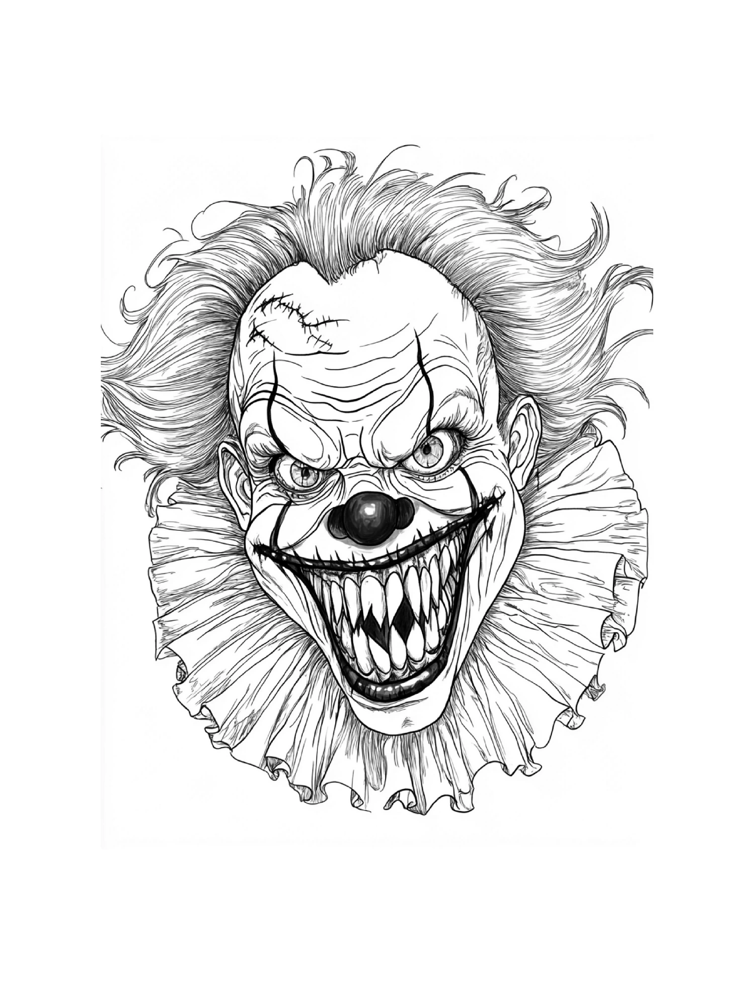 Clown mit zerzausten Haaren und gefältelter Halskrause · PDF-Seite 93