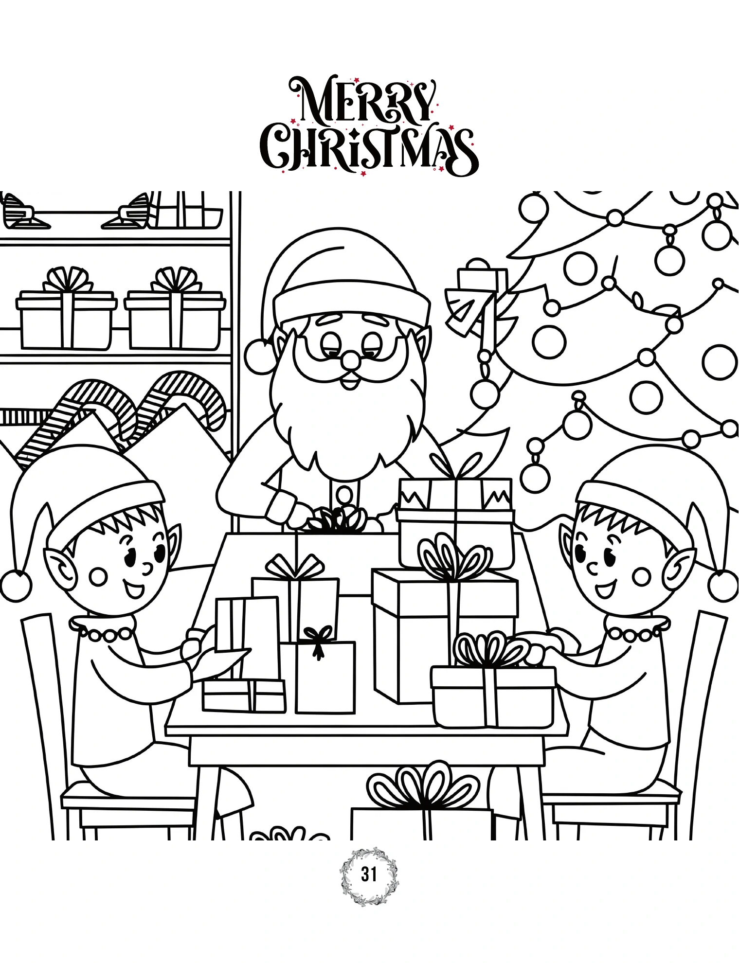 Weihnachtsmann und Wichtel beim Geschenkeverpacken · PDF-Seite 63