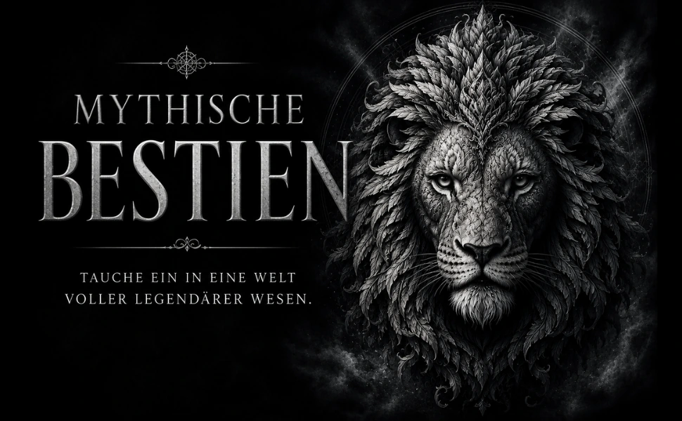 MYTHISCHE BESTIEN: Löwenporträt und Schriftzug „Tauche ein in eine Welt voller legendärer Wesen“.