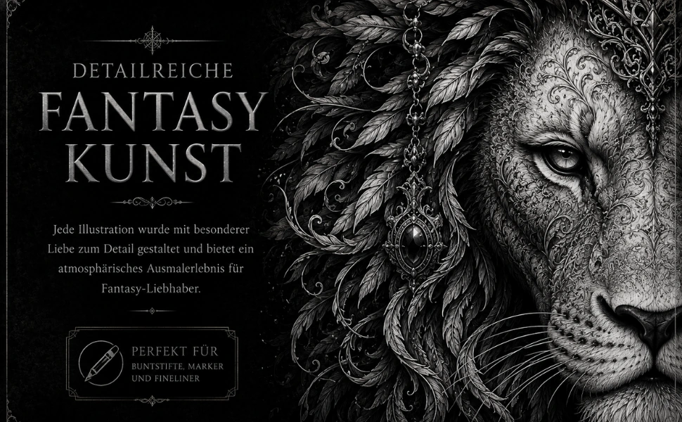 Nahaufnahme eines ornamental gestalteten Löwenwesens neben dem Schriftzug „Detailreiche Fantasy-Kunst“.