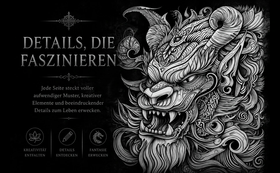 Fantasiewesen mit Hörnern und geschwungener Mähne neben „Details, die faszinieren“.