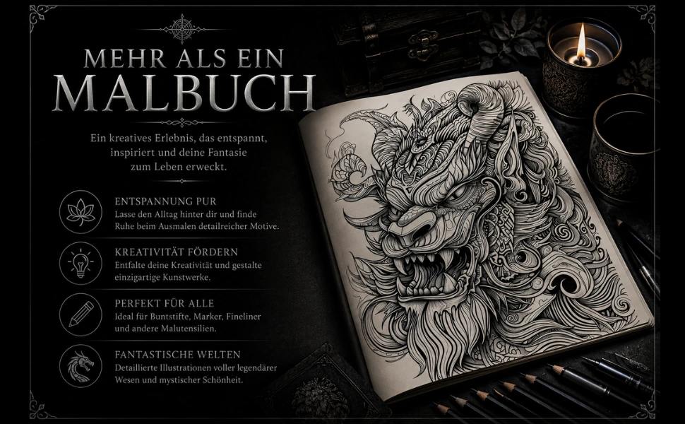 Inszenierung eines aufgeschlagenen Malbuchs mit Fantasiewesen, Stiften und Kerze neben „Mehr als ein Malbuch“.